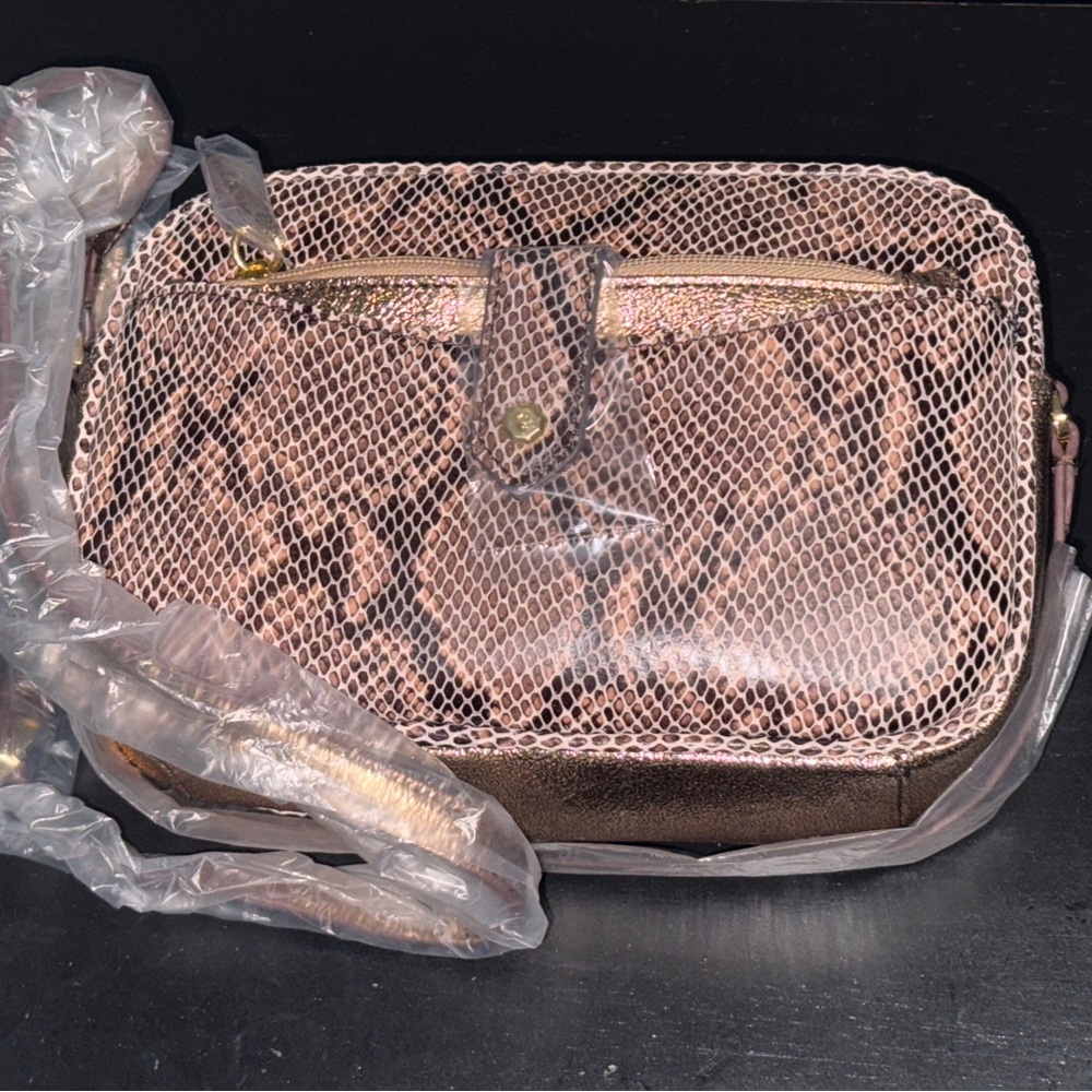 NEW GILI Leather Crossbody Bag Sienna Snakeskin Brown Purse
